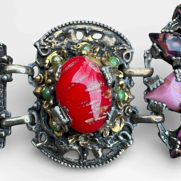 SELRO SELINI Vintage Multicolor Glass Cabochon Panel Bracelet and Earrings Set. - Picture 5 of 16